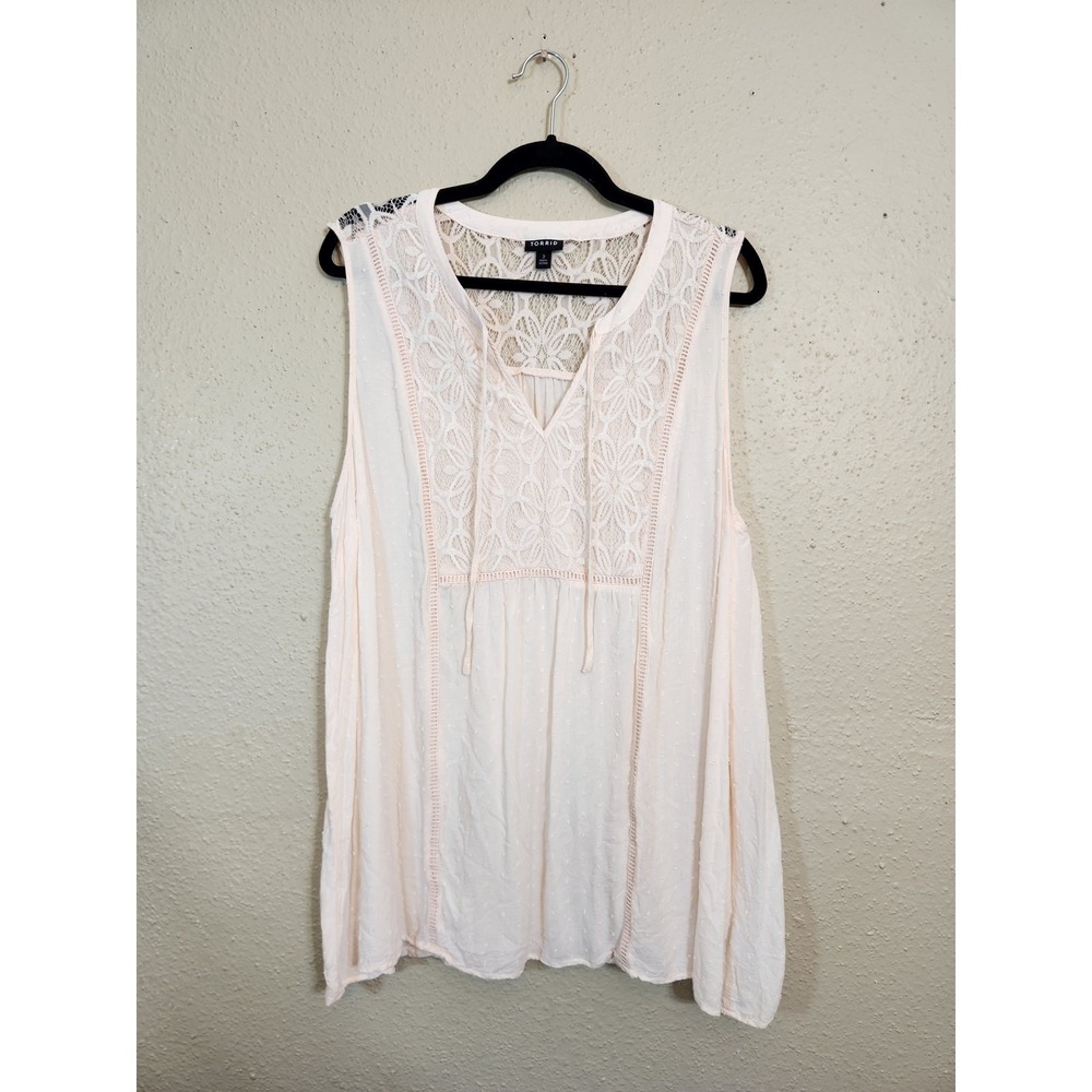 Torrid Womens 3X Pink Sleeveless Top Lace Yoke Swiss Dot Boho V-Neck Tie Blouse
